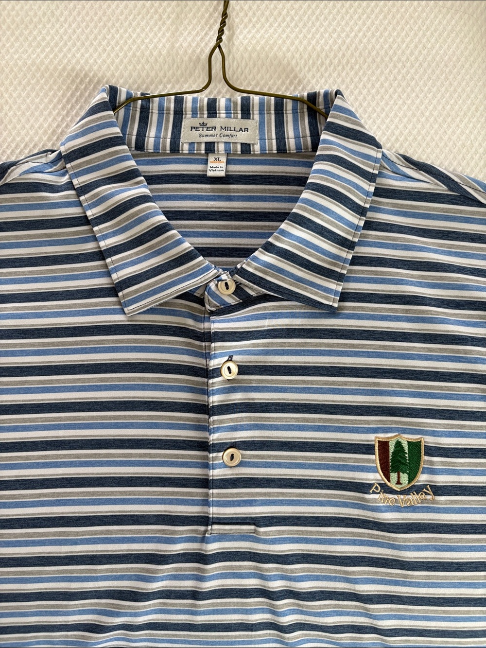 Peter Millar Striped Polo in Blue and White with Crest